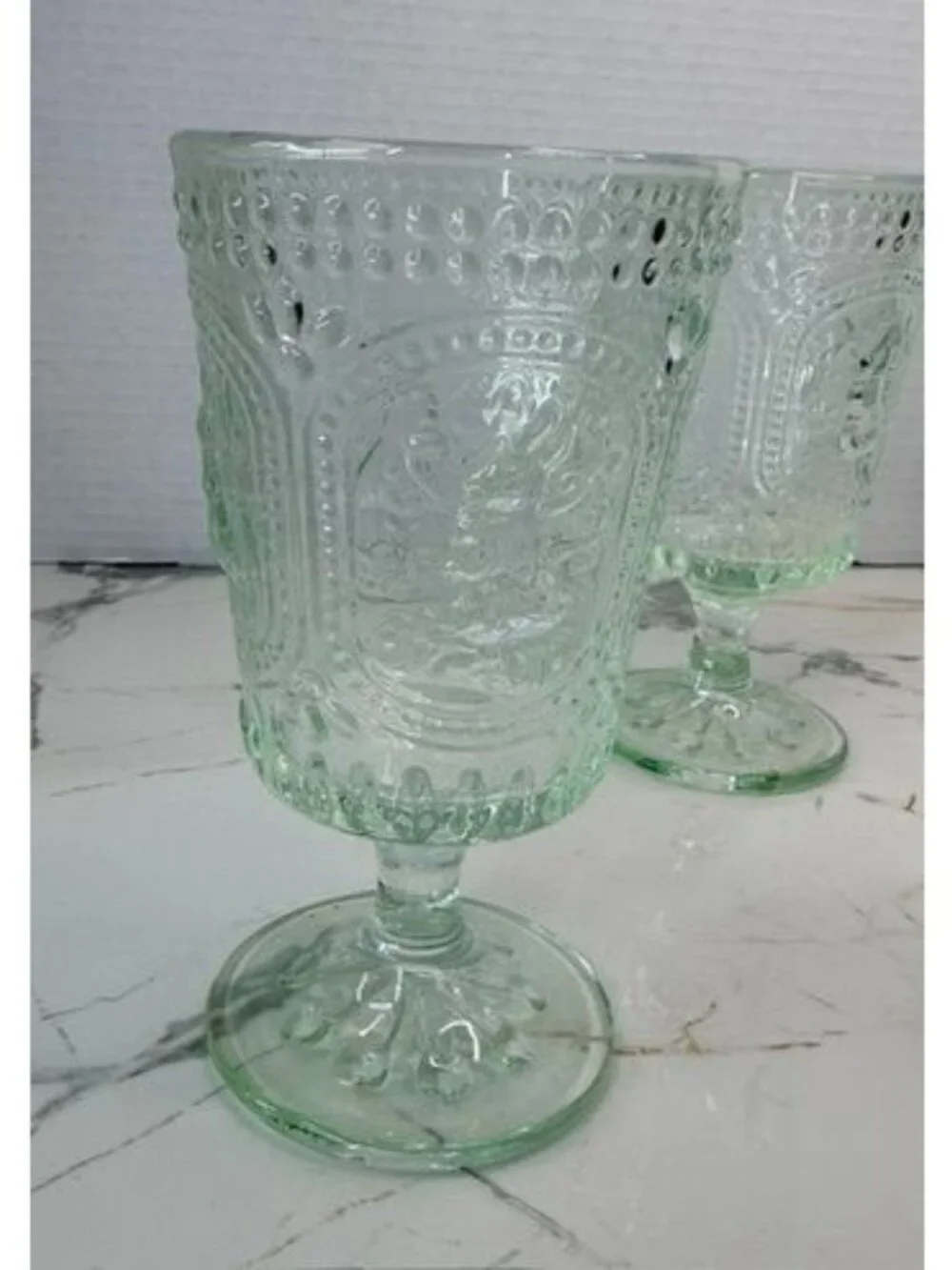 Pair of mint green glass springtime goblets, Easter, rabbits, farmhouse